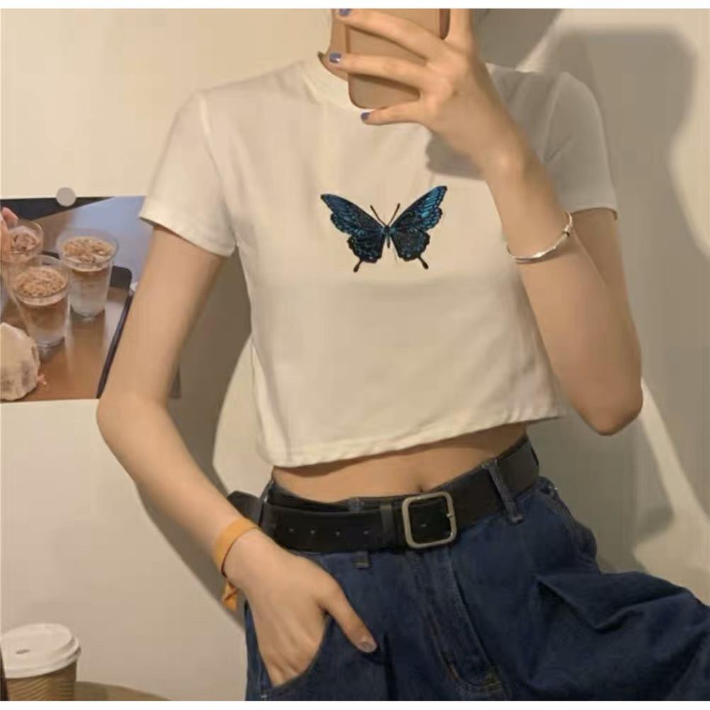 Áo Croptop Nữ Thêu Bướm 🦋 Áo Ngắn Nữ Cộc Tay 2 Màu,  Siêu Xinh, Cam Kết Chất Lượng