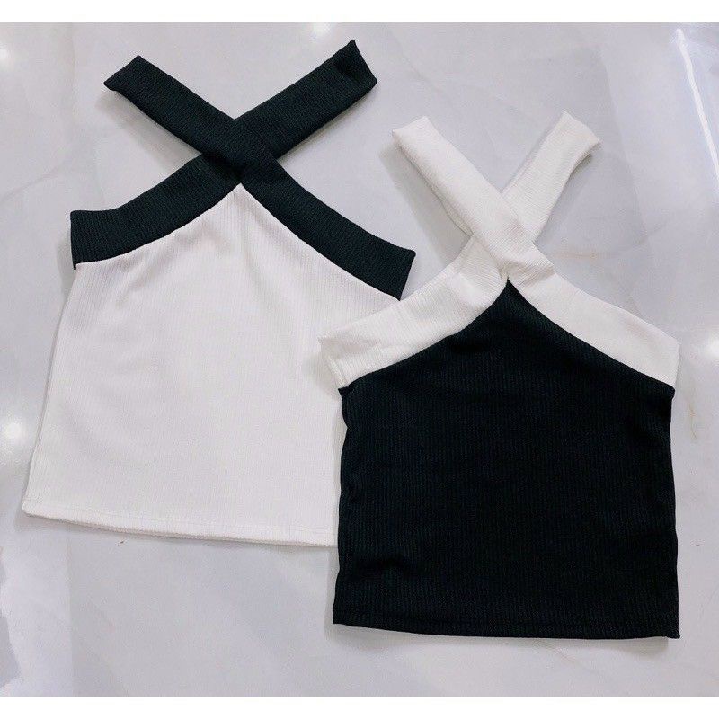 Áo yếm bảng bự trắng phối đen mặc được nhiều kiểu A15