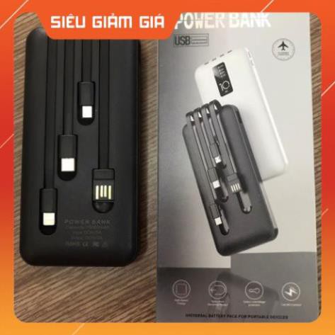 Sạc dự phòng chuẩn dung lượng 10000mah tích hợp 4 dây sạc, có đèn báo % pin