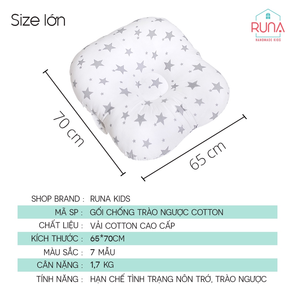 Gối chống trào ngược cho bé cotton Hàn 100% RUNA KIDS gối chống nôn trớ an toàn cho bé size lớn 65x70cm