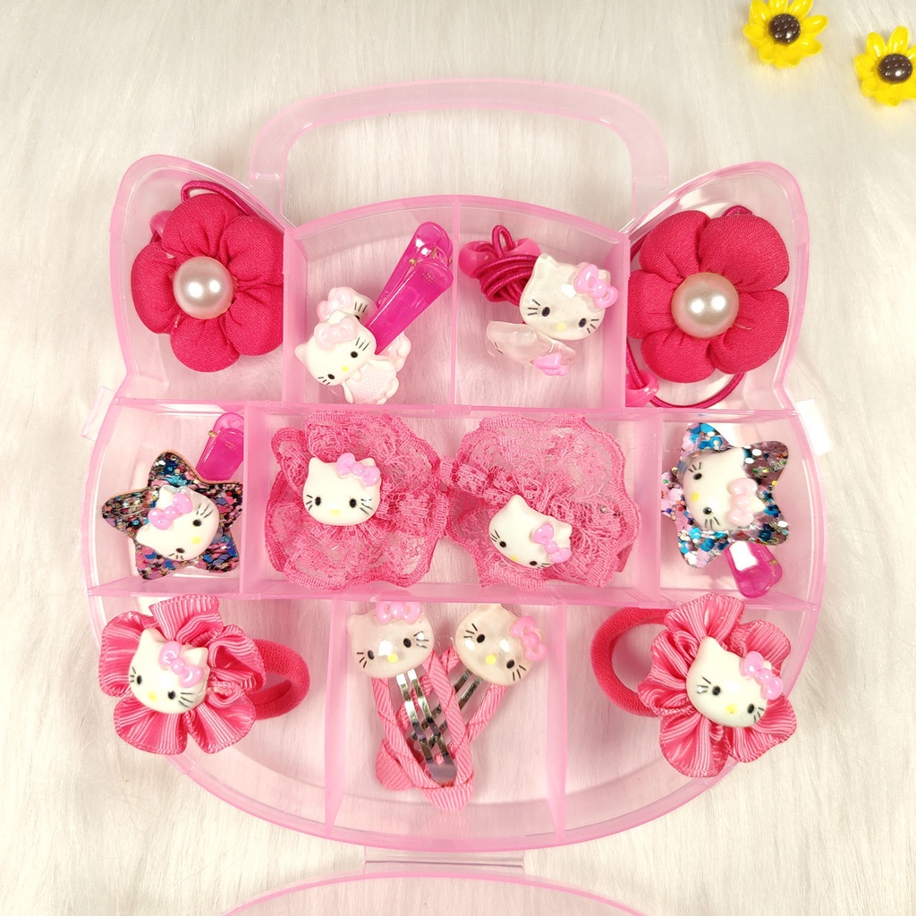 [14 pcs set] Set Dây Buộc Tóc Co Giãn Phối Ren Hoa Màu Hồng Phong Cách Hàn Quốc Cho Bé Gái