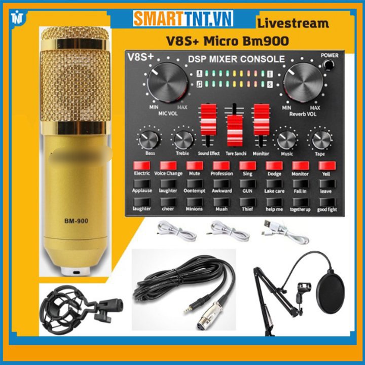 Bộ micro thu âm BM900 cùng sound card âm thanh V8S+ tặng kèm giá đỡ micro và màng lọc âm cao cấp