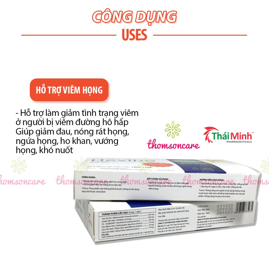 Heviho - Có tem tích điểm 6h tặng 1h - Hỗ trợ giảm ho, rát họng từ thảo dược - Hộp 20 viên