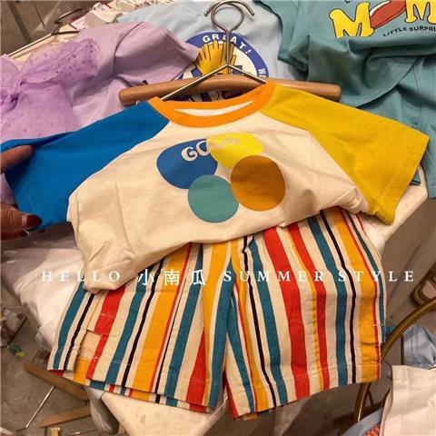 Set Áo Thun Tay Ngắn + Quần Short Kẻ Sọc Màu Sắc Tương Phản Phong Cách Hàn Quốc Thời Trang Cho Bé Từ 0-6 Tuổi