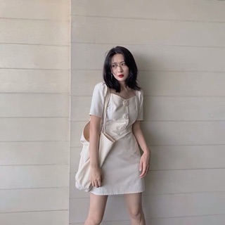 Đầm nữ công sở 2 lớp,phối cúc hoa lamg thủ công b-a-m store