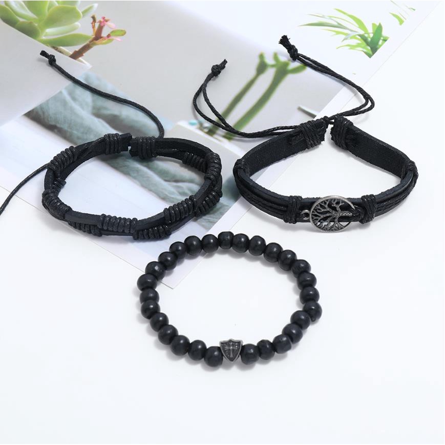 Bộ 3 Vòng Tay Da Bện Phối Mặt Hợp Kim Hình Cây Đơn Giản Phong Cách Vintage Cho Nam