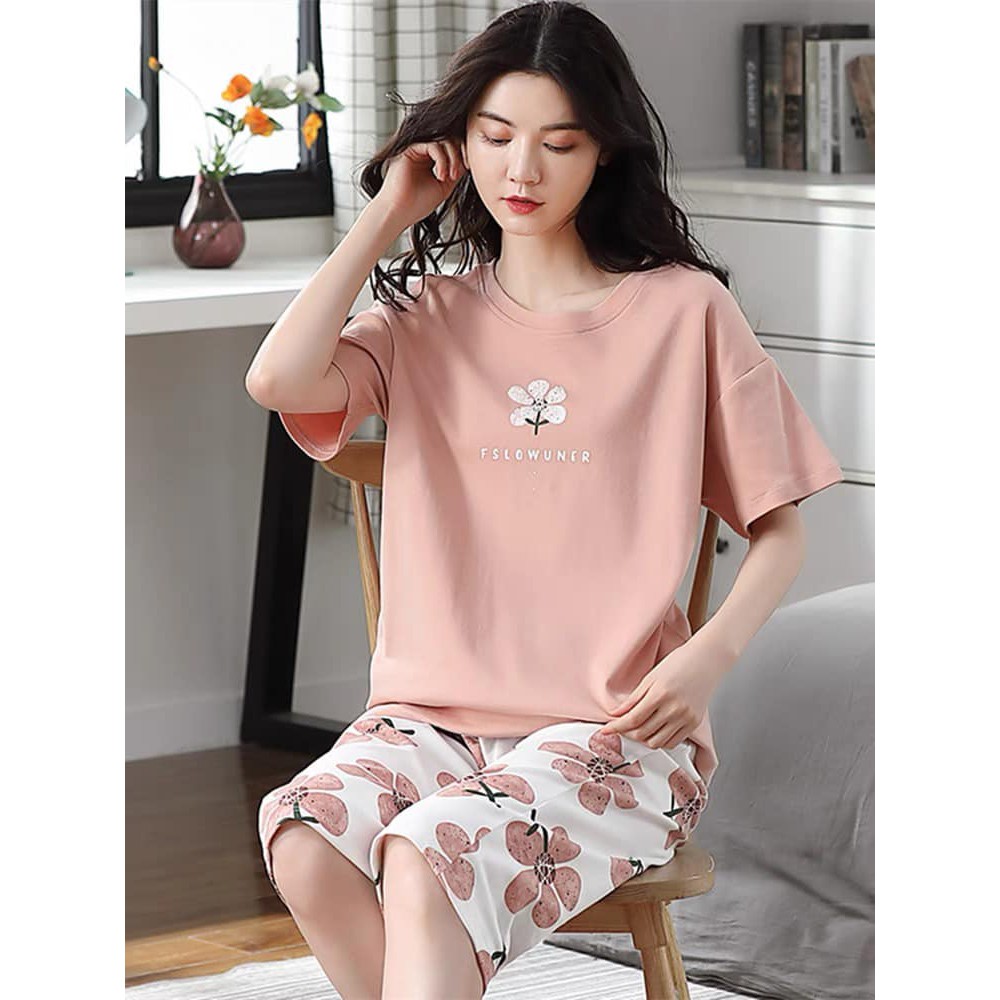 Bộ cotton mặc nhà Quảng Châu cao cấp cộc tay quần lửng co giãn 4 chiều