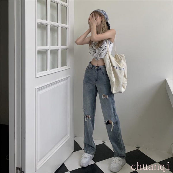 Quần Jeans Dài Lưng Cao Dáng Rộng Thiết Kế Rách Phong Cách Retro Thời Trang Mùa Hè Mới Cho Nữ