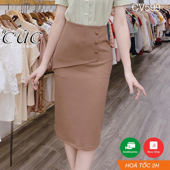 [ Mã WASTRUN4 giảm 10% tối đa 30K đơn 99K] Chân váy nữ công sở cao cấp dáng dài Cúc Fashion CV599 cv ba cúc bọc lệch | BigBuy360 - bigbuy360.vn