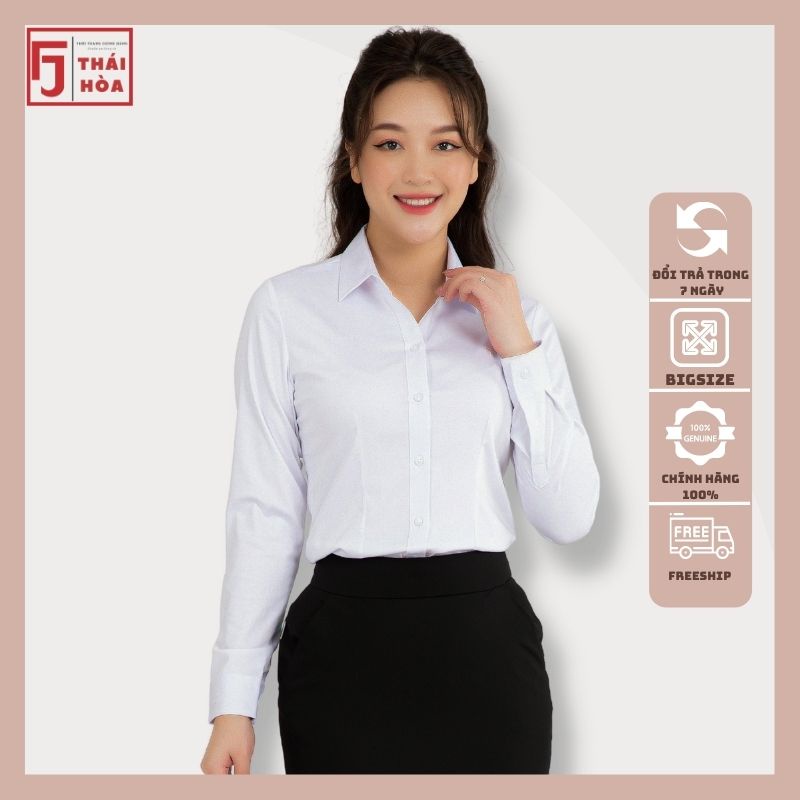 Áo sơ mi trắng nữ Thái Hoà đẹp công sở kiểu dài tay bigsize sợi tre cao cấp 8919-01-01