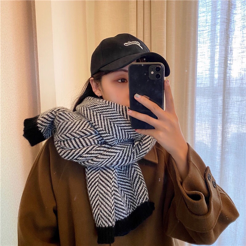 Khăn Choàng Cổ Mùa Đông Phiên Bản Hàn Quốc Dày Dặn Họa Tiết Xương Cá Đơn Giản Dễ Phối Đồ Cho Cặp Đôi ins M