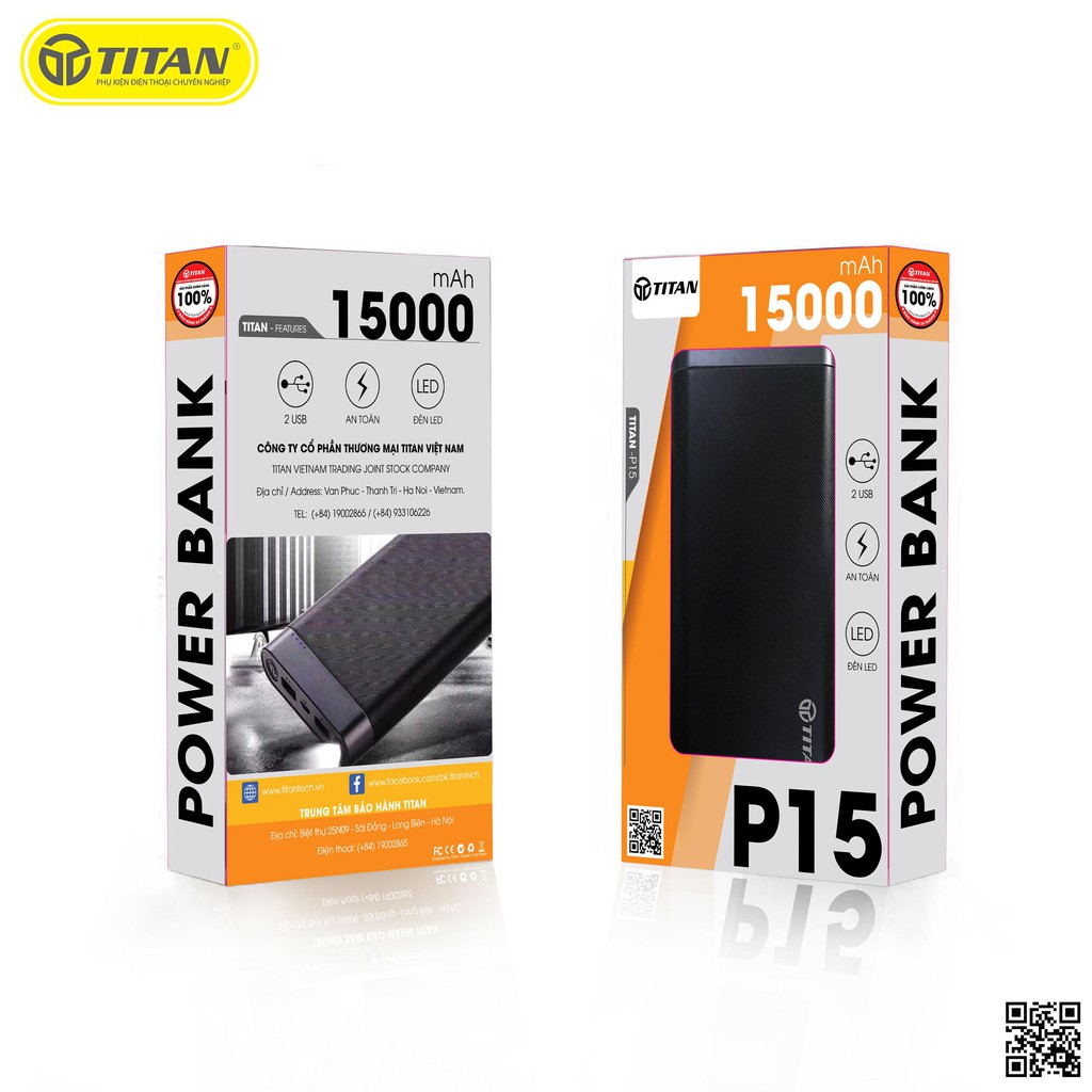 Pin dự phòng 15.000 mah TITAN - P15 [BH 12 tháng] - Hàng hính hãng - Thích hợp sạc cho nhiều loại thiết bị điện thoại