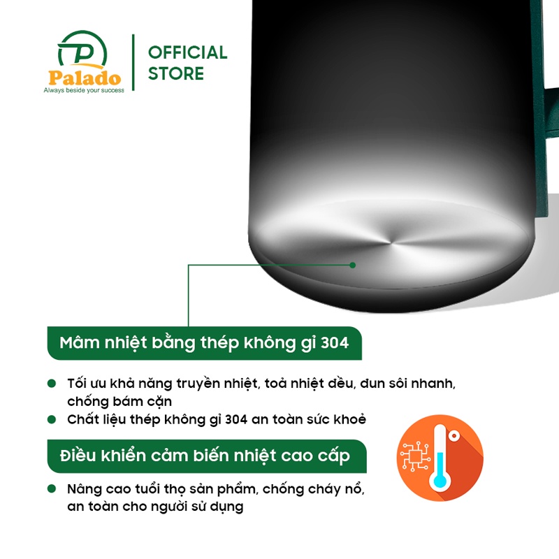 Ấm Đun Siêu Tốc 2 lớp Palado 668C✅ 2,3lit - 1500w chống cháy tự động ngắt, ruột inox 304, màu xanh cổ vịt - Chính hãng