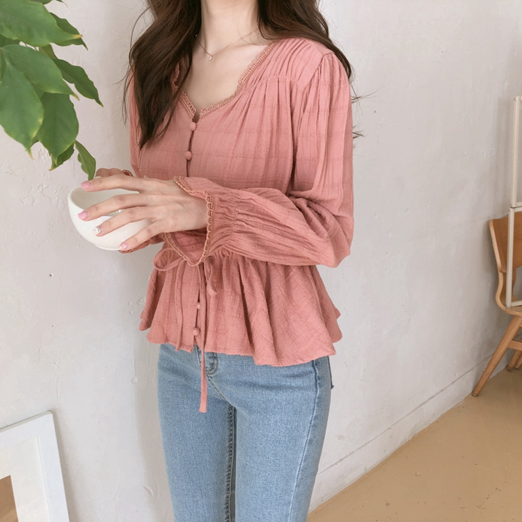 SUXI Áo nữ tay dài cổ chữ V thời trang phong cách Hàn Quốc