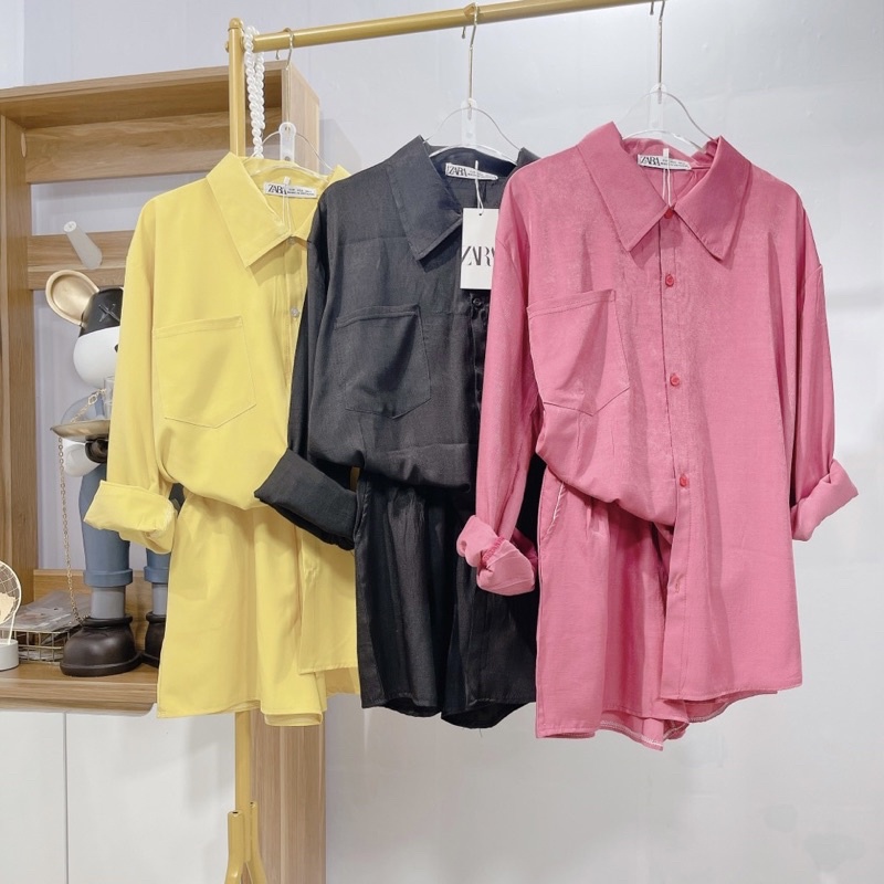 Set bộ đũi áo sơ mi mix quần sooc đùi dáng rộng thụng