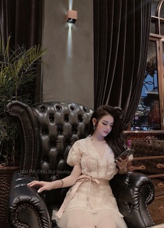 Váy ren cổ V kèm đai nơ (2 màu ảnh thật)