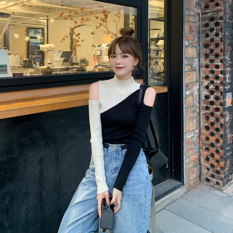 Áo Len Chui Đầu Cổ Lọ Phối Màu Tương Phản Phong Cách Hàn Quốc