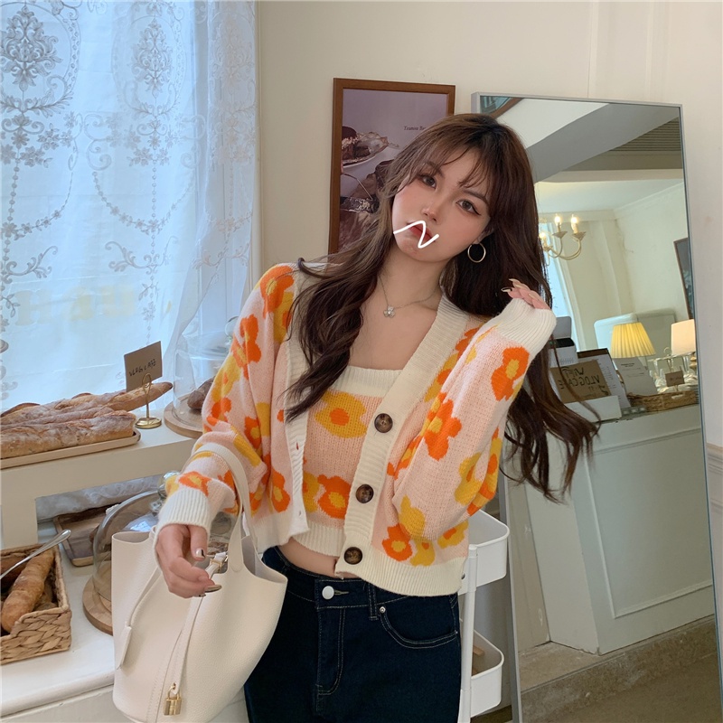 Porozi  Áo cardigan ngắn tay dài/ áo hai dây  dệt kim phong cách Hàn Quốc cho nữ