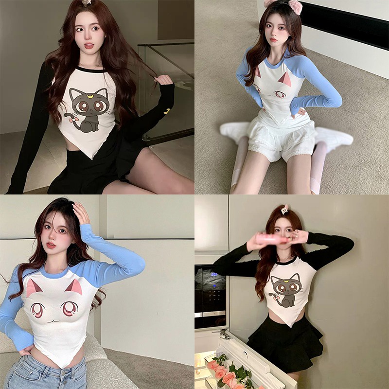 Áo Thun Croptop Tay Dài Cổ Tròn In Họa Tiết Màu Tương Phản Phong Cách Hàn Quốc Cho Nữ