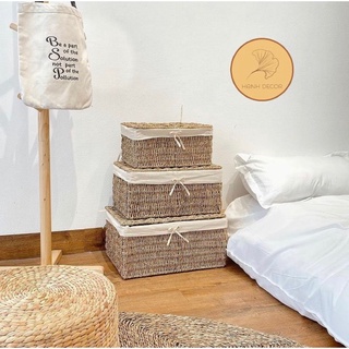 Giỏ Cói Đựng Đồ Cất Gọn HANHDECOR, Hộp Cói Có Nắp Đậy Có Lót Vải