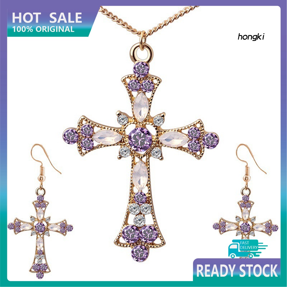 Set Vòng cổ Và Đôi Khuyên Tai Hình Thánh Giá Đính Đá Nhân Tạo Thời Trang Dành Cho Nữ