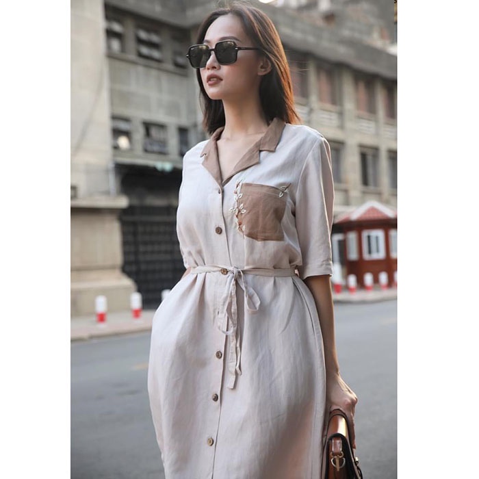 Đầm suông linen premium sơ mi cổ hai ve thêu hoa ngực SLINEN, form váy suông giấu bụng