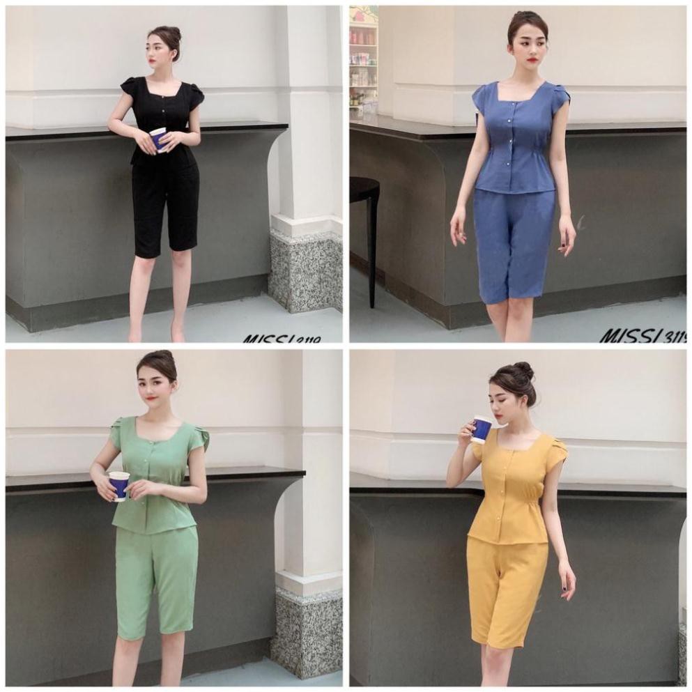 Đồ bộ đũi nữ quần lửng áo sát nách tay bèo Babydoll Set bộ đồ nữ chất đũi Banamo Fashion 123
