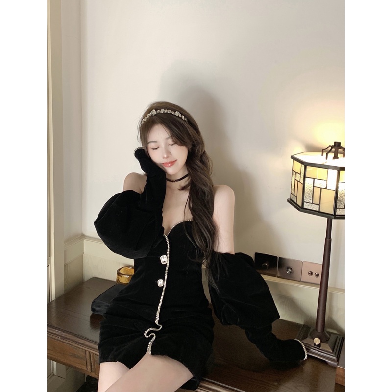 Đầm nhung dài tay hàng Quảng Châu cao cấp phong cách sang trọng tiểu thư khí chất đầu mùa thu ngọt ngào