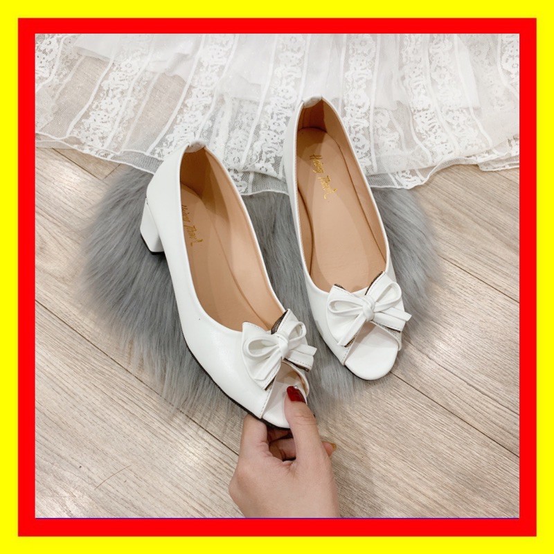 [THANH LÝ XẢ KHO - SALE 1k] Giày Búp Bê Nữ Gót Cao 3p Phối Nơ Cực Sang Mã G1 Trắng