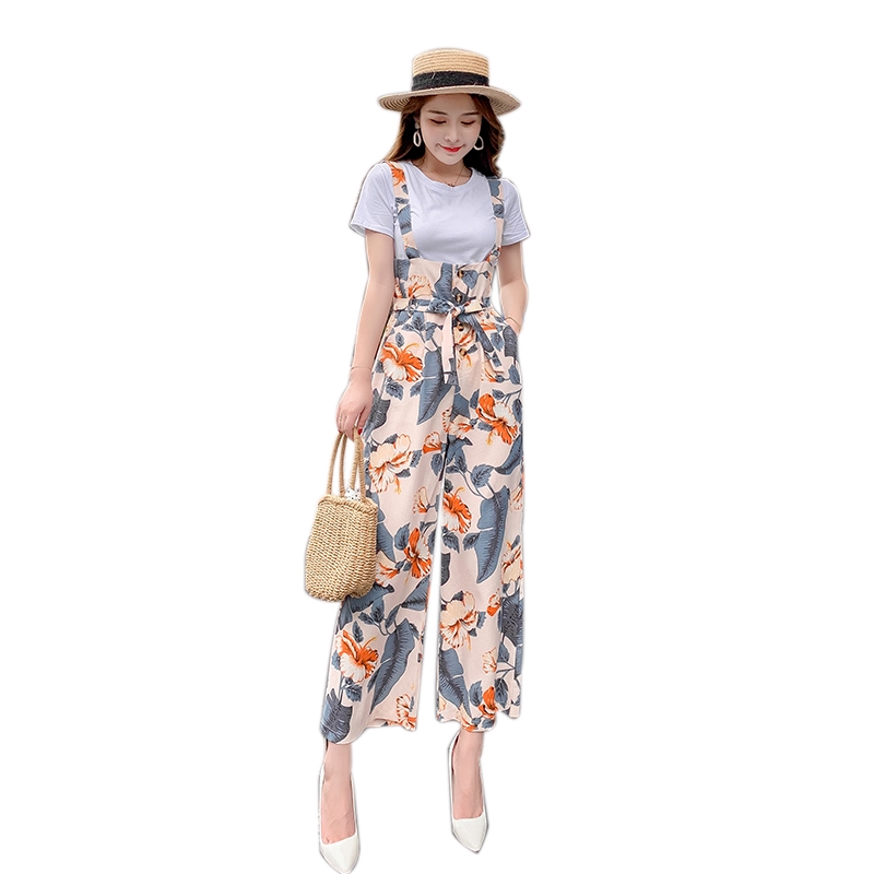 Bộ jumpsuit sát nách ống rộng dài lưng cao in họa tiết hoa cho nữ