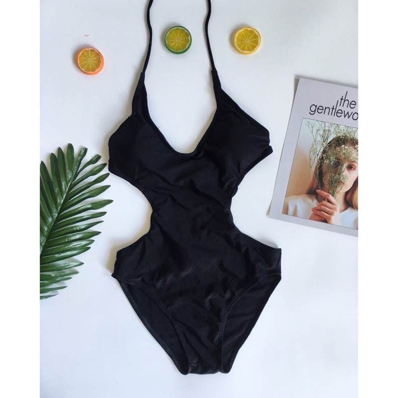 Đồ bơi bikini 1 mảnh cách điệu khoét eo đan dây sau lưng (3 màu đen/ cam/vàng)