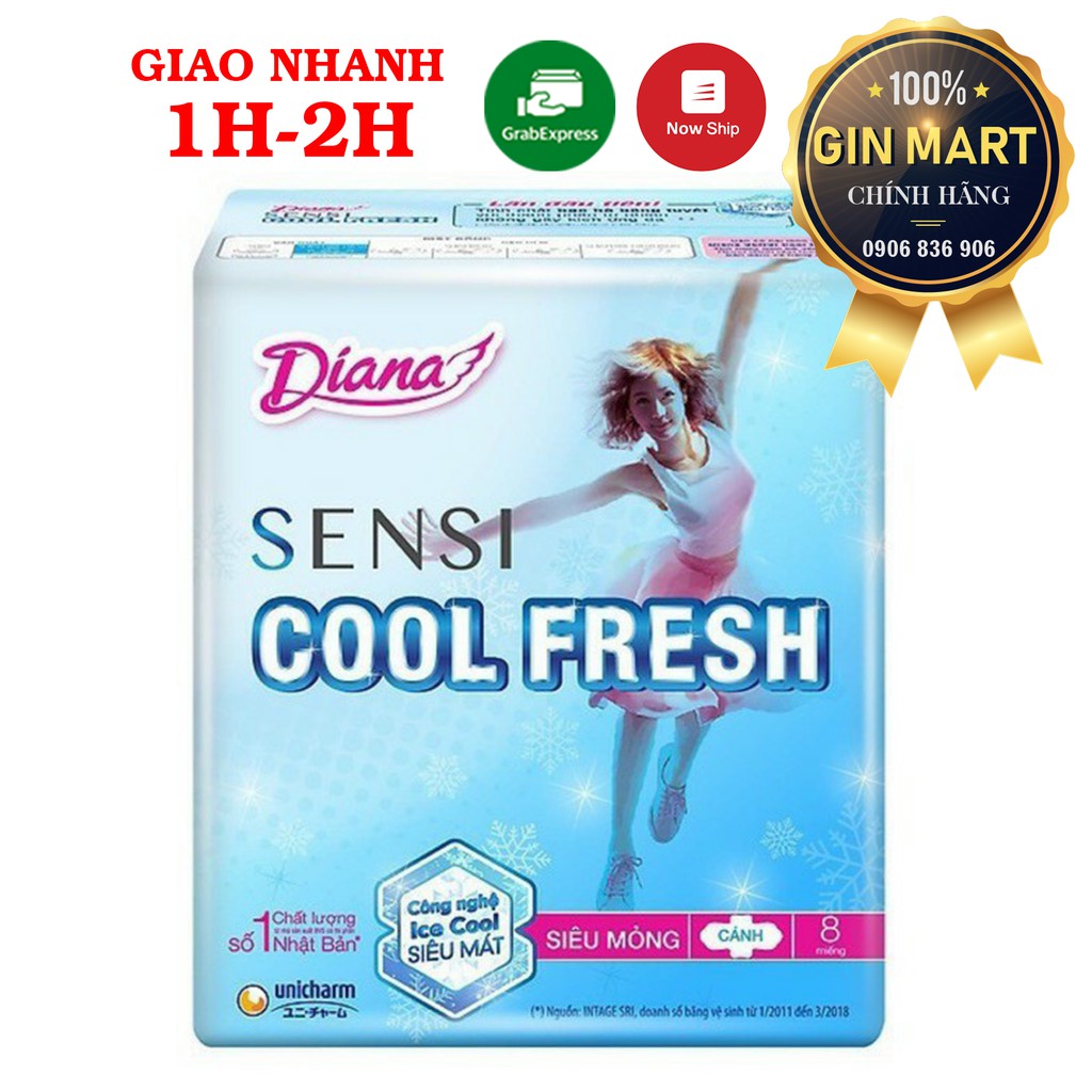 Gói 8 miếng/20 miếng Băng vệ sinh DIANA SENSI COOL FRESH siêu mỏng cánh 23cm hàng tặng km