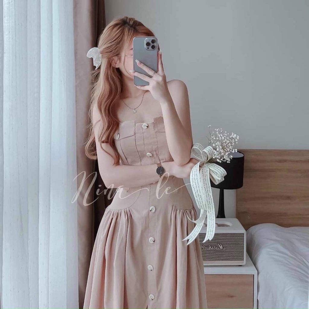 Đầm nhún xòe hai dây duyên dáng