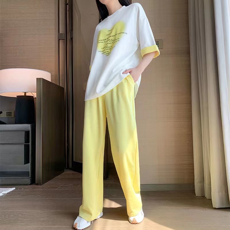 Summer new suit high waist casual ice wide leg pants women loose and versatile short sleeve T-shirt sports two piece set