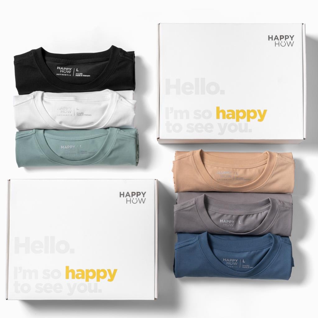 Áo thun nam cổ tròn HAPPYHOW vải Cotton co giãn 4 chiều ,dày dặn, form regular fit thoải mái !