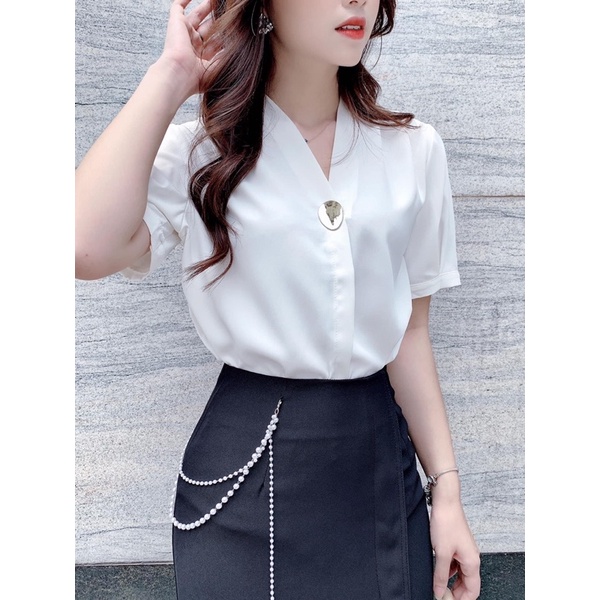 ANU441 - ÁO SƠ MI NỮ GU CỔ V CÚC ĐỒNG LI VAI