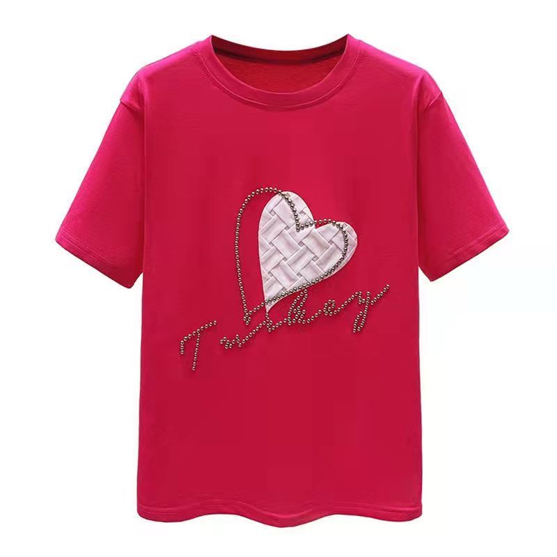 Áo thun form rộng ngắn tay cổ tròn đính hạt hình trái tim Châu Âu cảm giác Hàn Quốc