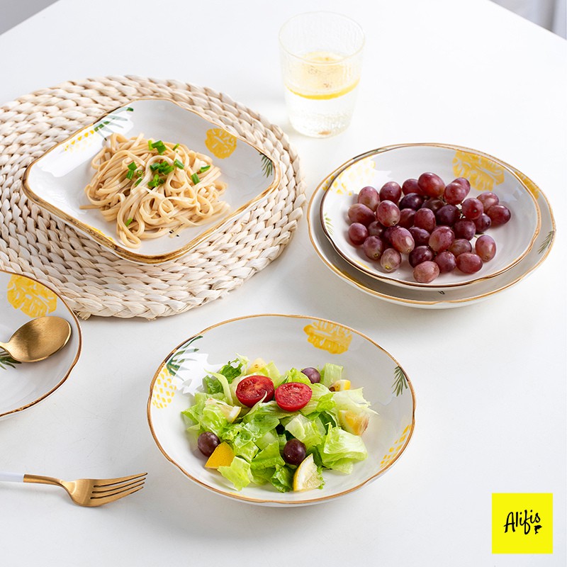 Đĩa sứ, đĩa sứ họa tiết dứa viền nâu dùng cho bàn ăn và decor