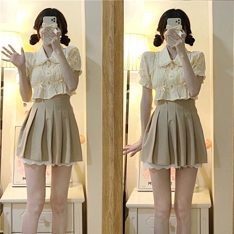 Bộ Áo Tay Phồng Ngắn Cổ Búp Bê Phối Chân Váy Xếp Ly Kiểu Retro Hàn Quốc Thời Trang Mùa Hè Cho Nữ