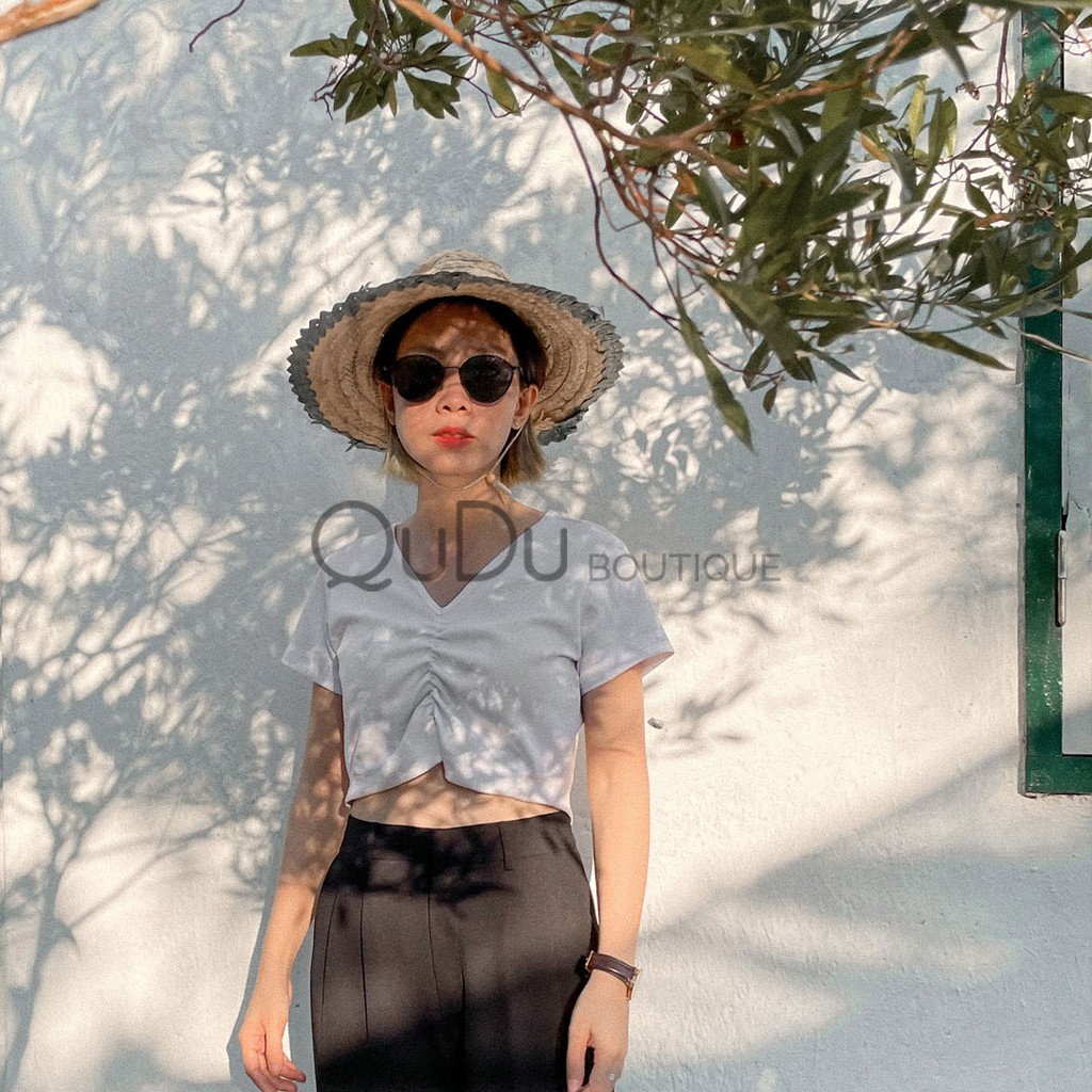 Hot Trend Áo Crotop Nữ Màu Trắng, Crotop Tay Ngắn Trắng Trơn Cổ Tim Nhún Ngực Phong Cách Hàn Quốc [ Áo Thiết Kế QuDu ]