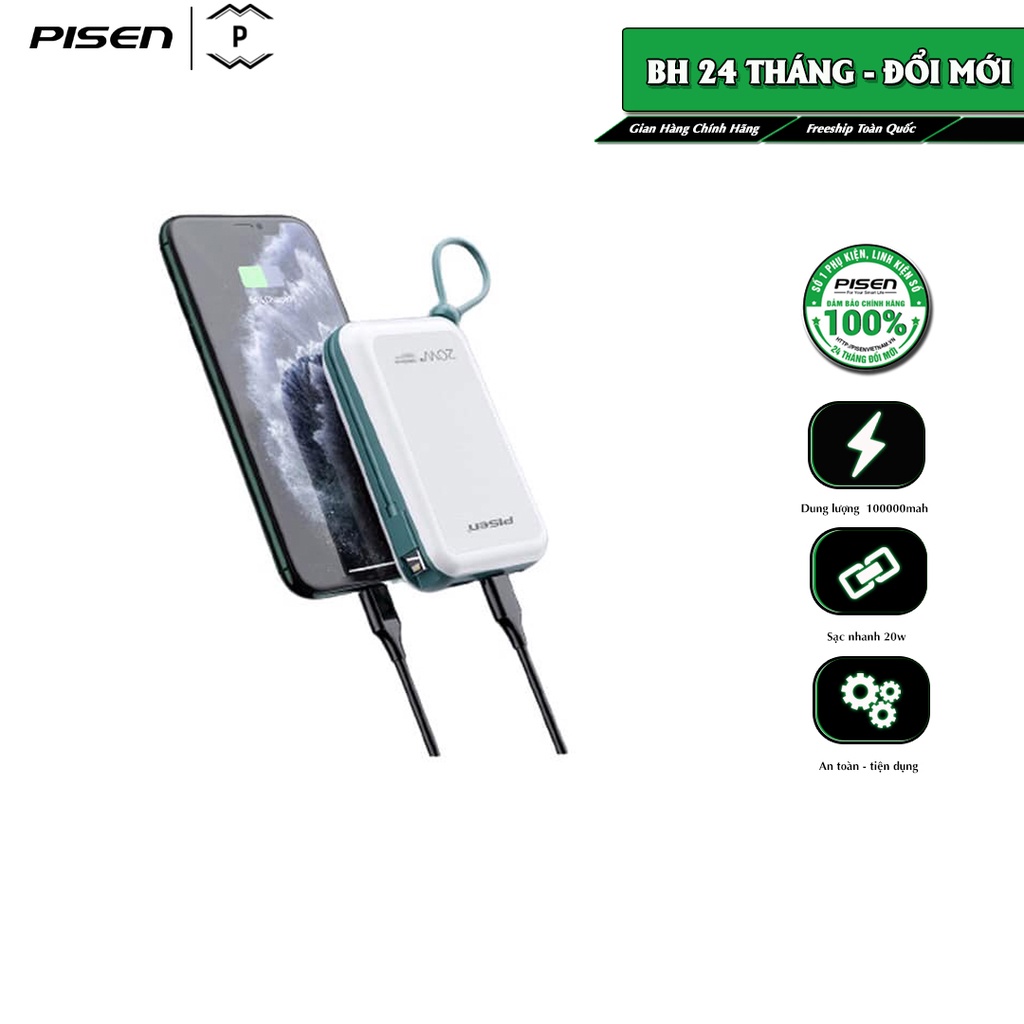 Sạc dự phòng PISEN Quick QP 20W 10000mAh - (LS-DY13) - Tích hợp cáp L - Hàng chính hãng
