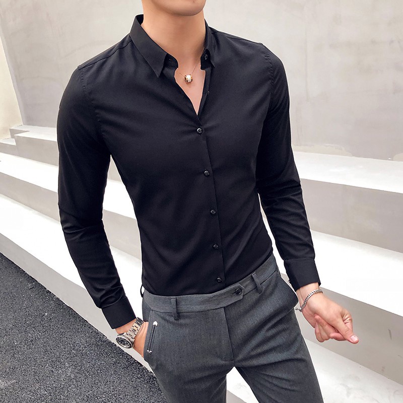 Áo Sơ Mi Dài Tay Nam Đen Trơn Chất Lụa Mịn Chống Nhăn Thời Trang Lịch Lãm