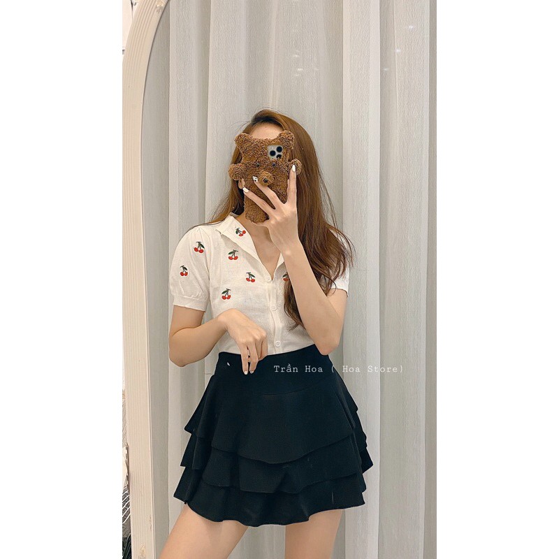 [Mã FASHIONT4WA2 giảm 10K đơn 50K] Áo len mông cộc tay cổ V quả cherry (thêu) (1501#) | BigBuy360 - bigbuy360.vn