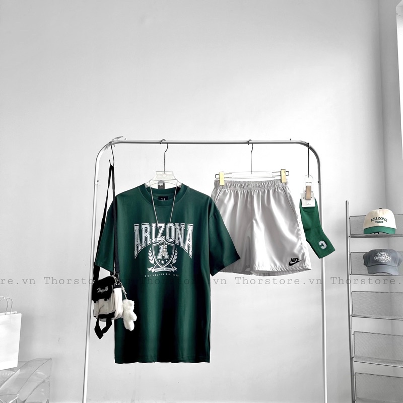 áo thun tay lỡ nam nữ,in chữ Arizo màu xanh
