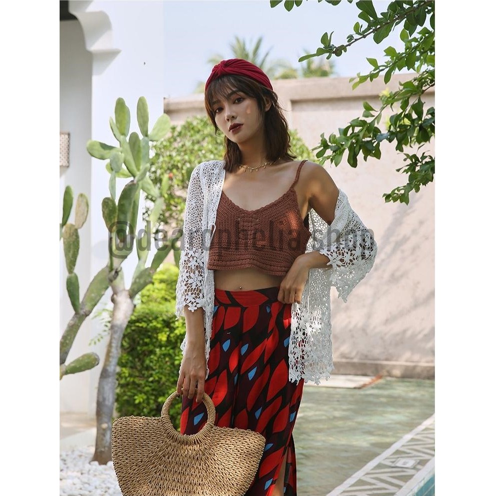 Áo Choàng Cardigan Đan Móc Phối Ren Che Phủ Bikini Phong Cách Boho