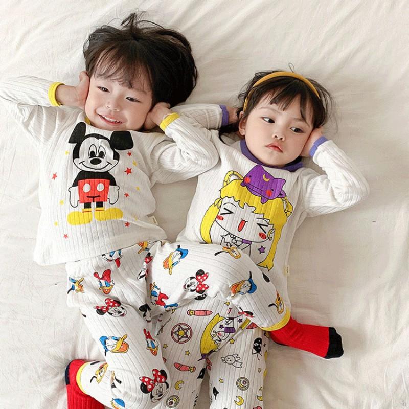 IU Baby Kids Girls Boys Cartoon Mickey Pincess Print Sleepwear Long Sleeve Blouse Casual Long Pants Set