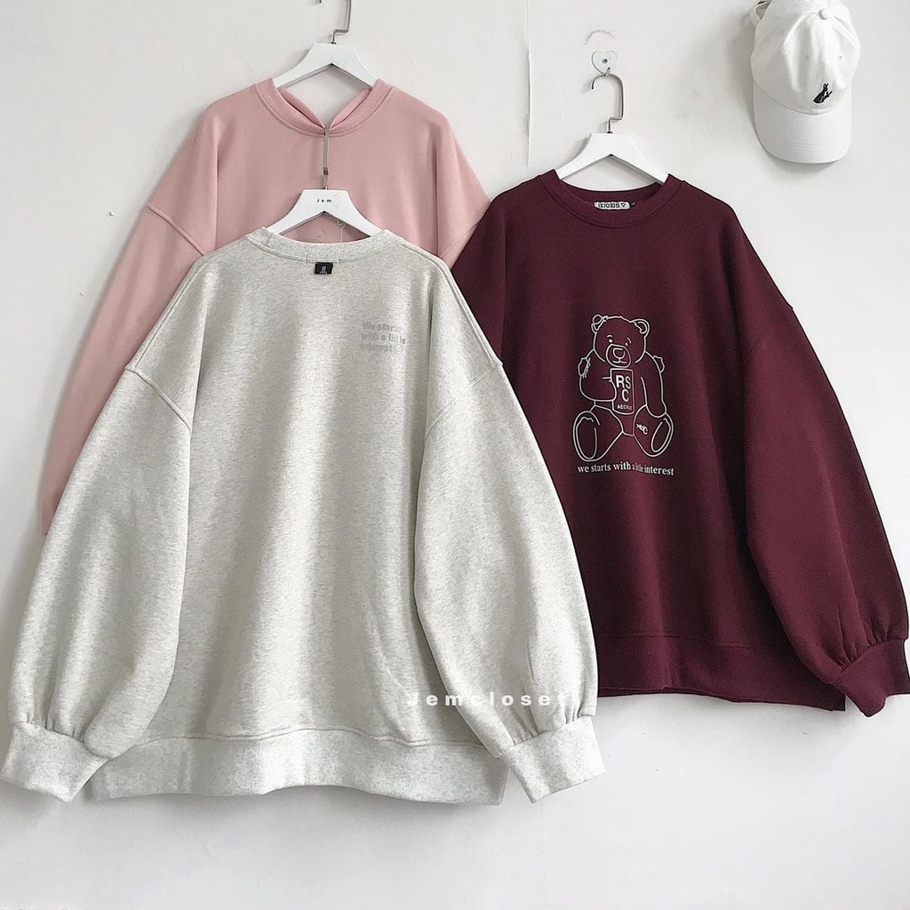 Áo Sweater Nữ JEM CLOSET In Hình Bé Gấu Đáng Yêu Áo Sweater Unisex Hàn Jonso Tay Dài Dáng Rộng Phối Sơ Mi Cực Cute 1993