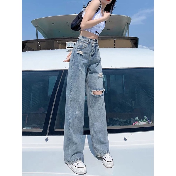 Quần jean ống rộng rách phá siêu đẹp