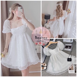 [Ảnh thật] Đầm babydoll trắng ren hoa cổ vuông tay phồng nơ lưng dễ thương