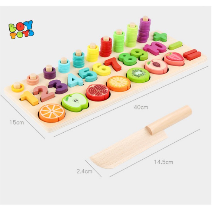 Bộ giáo cụ Montessori xếp gỗ số, khối cột, cắt hoa quả giáo dục sớm cho bé thông minh hơn (Chính hãng Moondog)